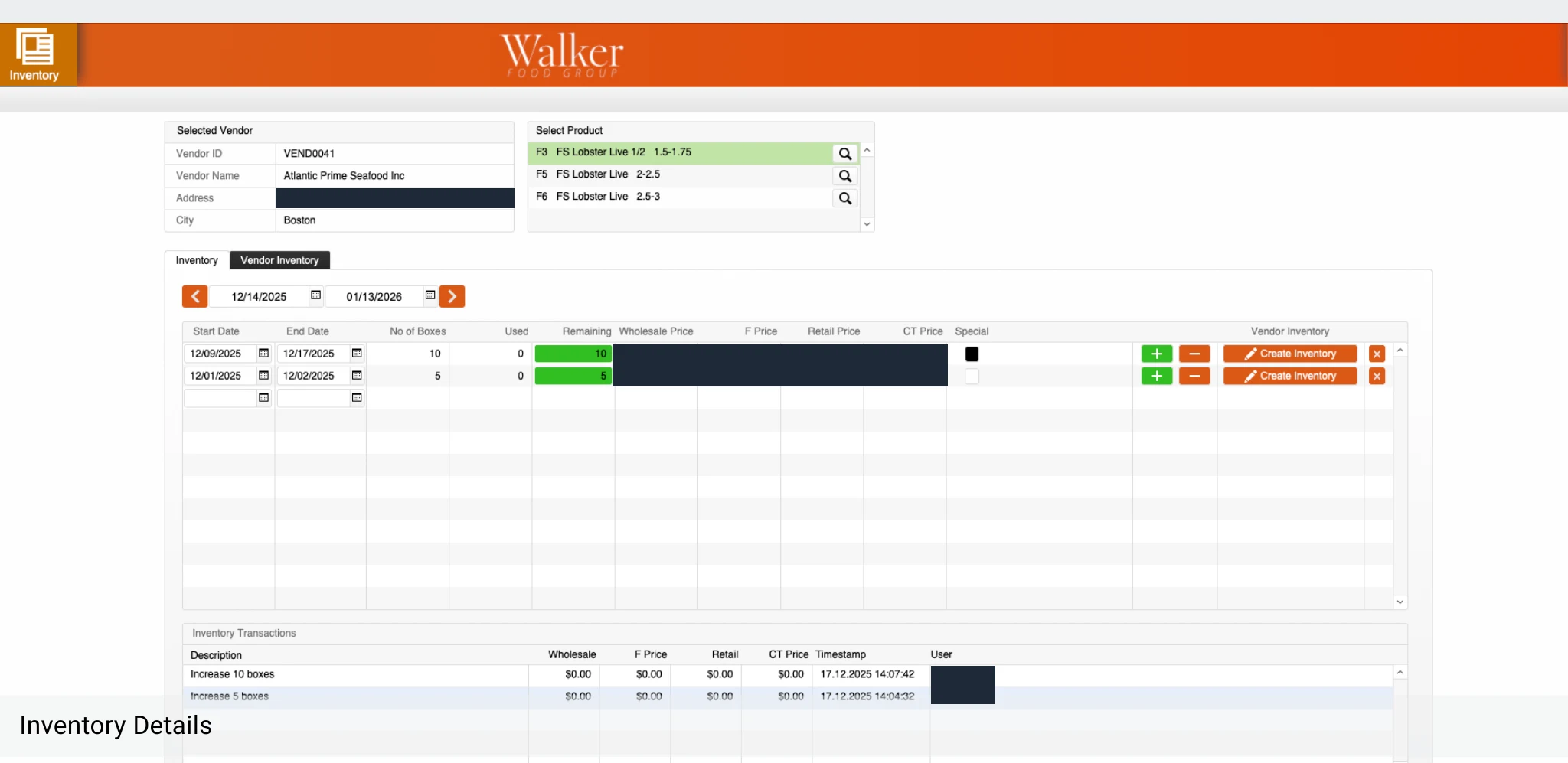 Inventory details screen showing a selected vendor and product, dated inventory entries with boxes remaining and used, and a log of inventory transactions; the vendor address, price columns and user name are redacted