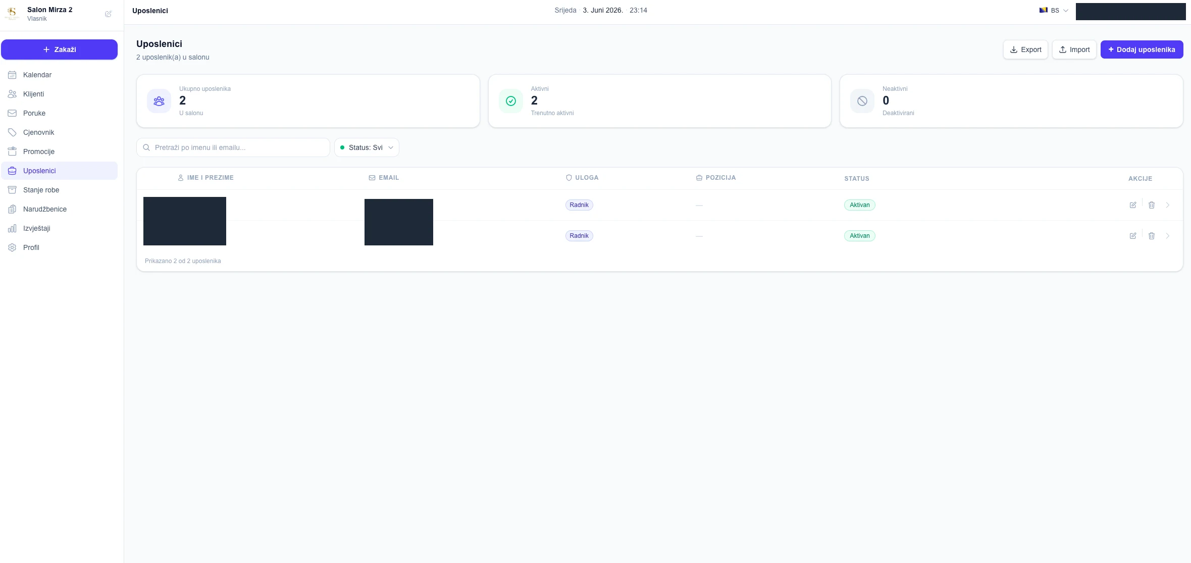 Employee list with summary counts, a search field, a status filter and a table with name, email, role, position and status columns; the employee names and emails are redacted