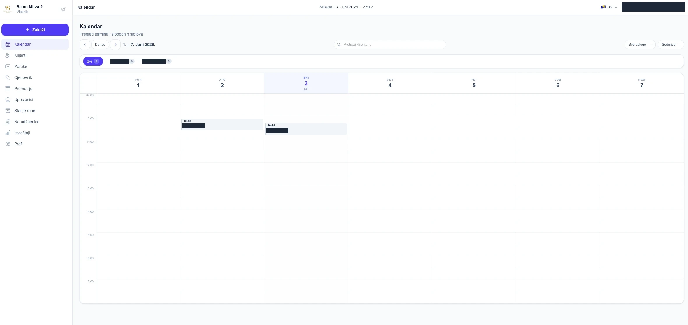 Weekly calendar for 1 to 7 June 2026 with hourly rows, a client search field, a service filter, a week selector, one tab per employee and two appointments; client and employee names and the account email are redacted