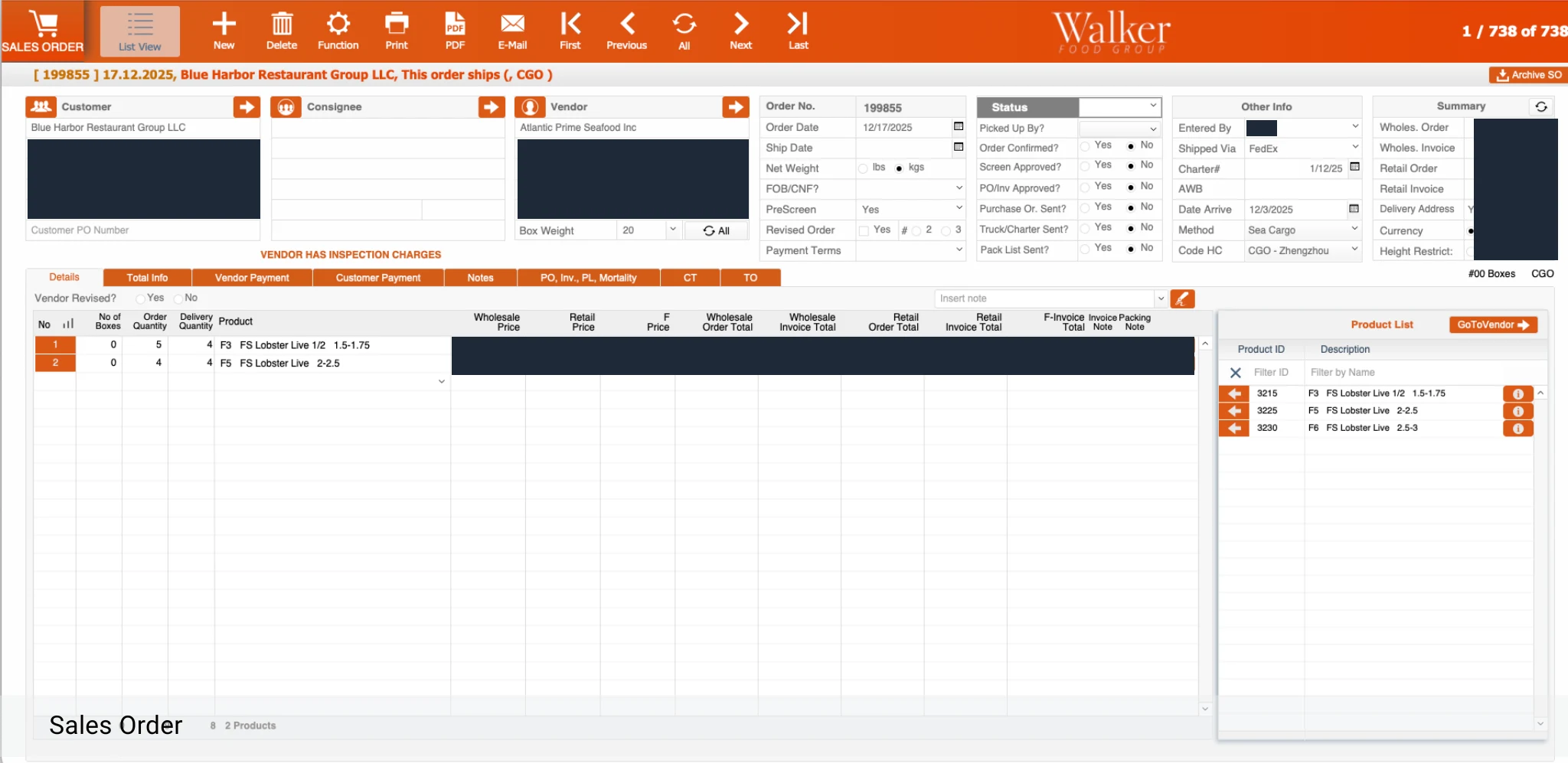 Sales order record showing customer, consignee and vendor blocks, order details, shipping status and product lines; addresses, prices and totals are redacted