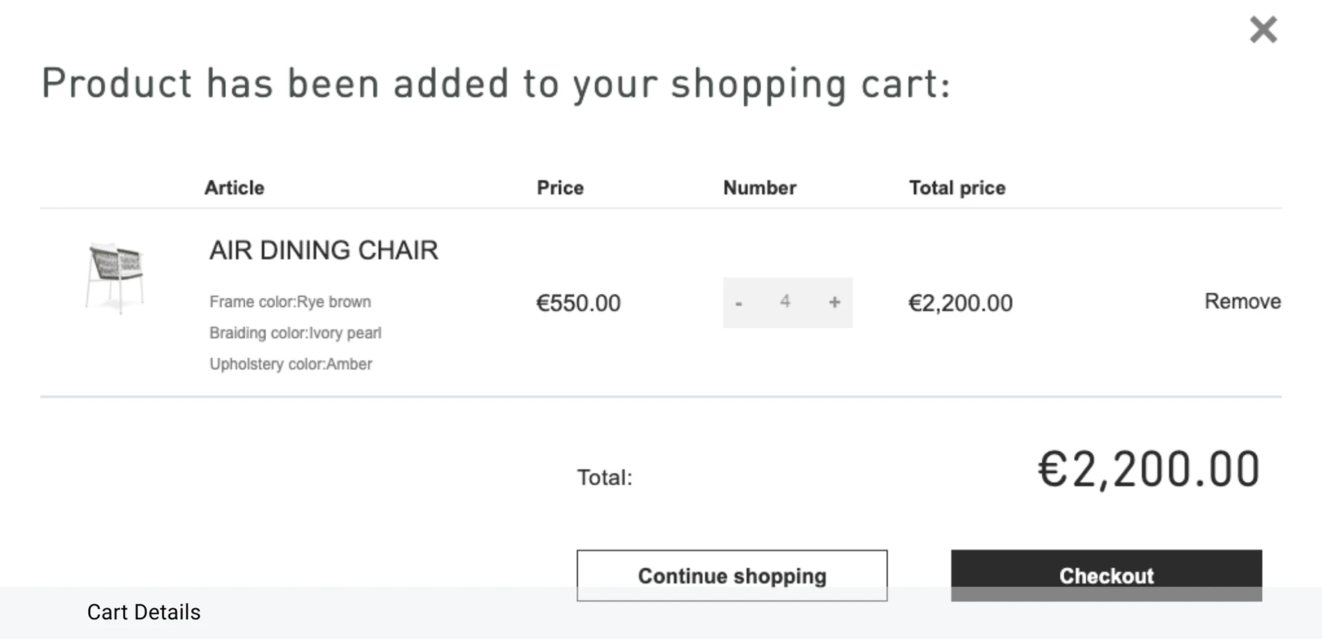 Cart confirmation dialog listing a dining chair with its chosen colours, price, quantity, total and buttons to continue shopping or check out