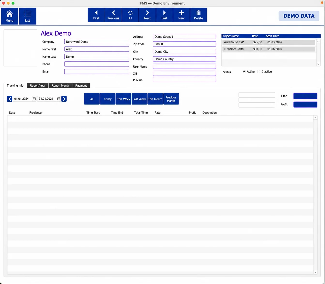 Client detail screen in the original FileMaker system, showing the company and address, the projects assigned to the client with their rates, and tabs for tracking, yearly and monthly reports and payment