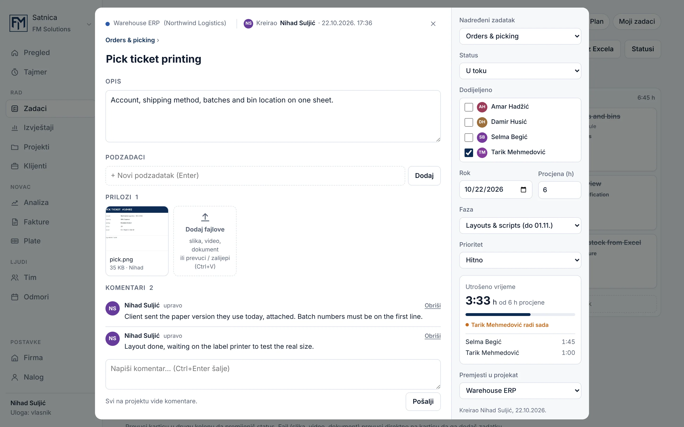Satnica task window with a description, subtasks, an attachment, comments, status, assignees, due date, estimate, phase, priority and time spent by each person