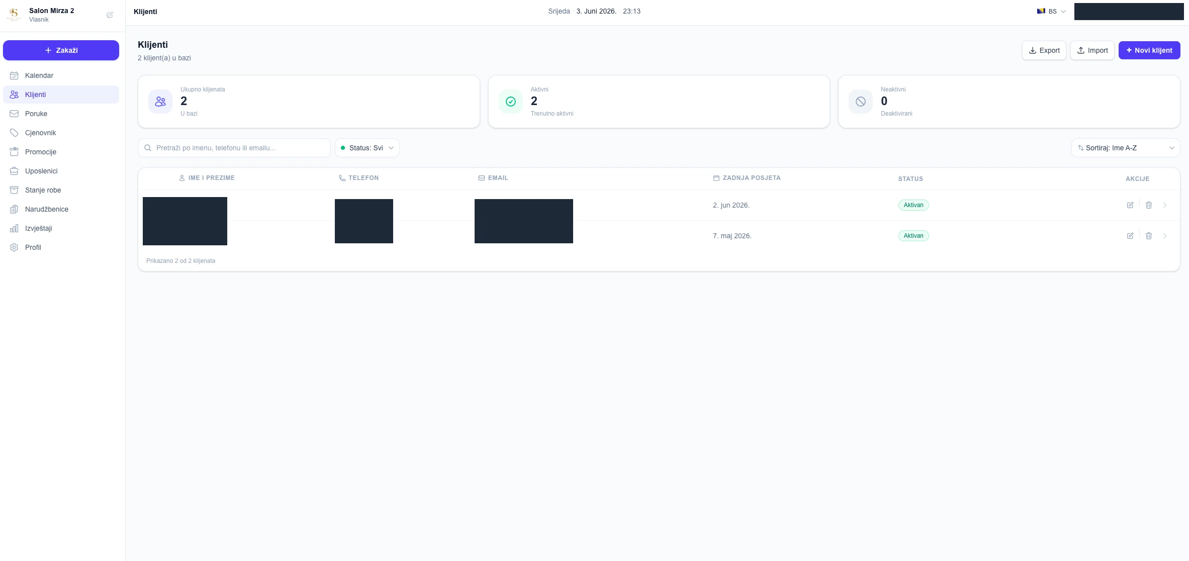 Client list with summary counts, a search field, a status filter, sorting, export and import buttons and a table with name, phone, email, last visit and status columns; the client names, phone numbers and emails are redacted