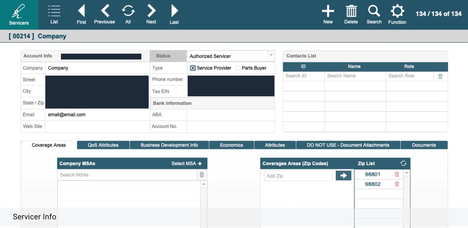 Servicer record with status, type, a contacts list and tabs for coverage areas, quality attributes, business development, economics and documents, with zip code coverage; the address, phone and tax details are redacted