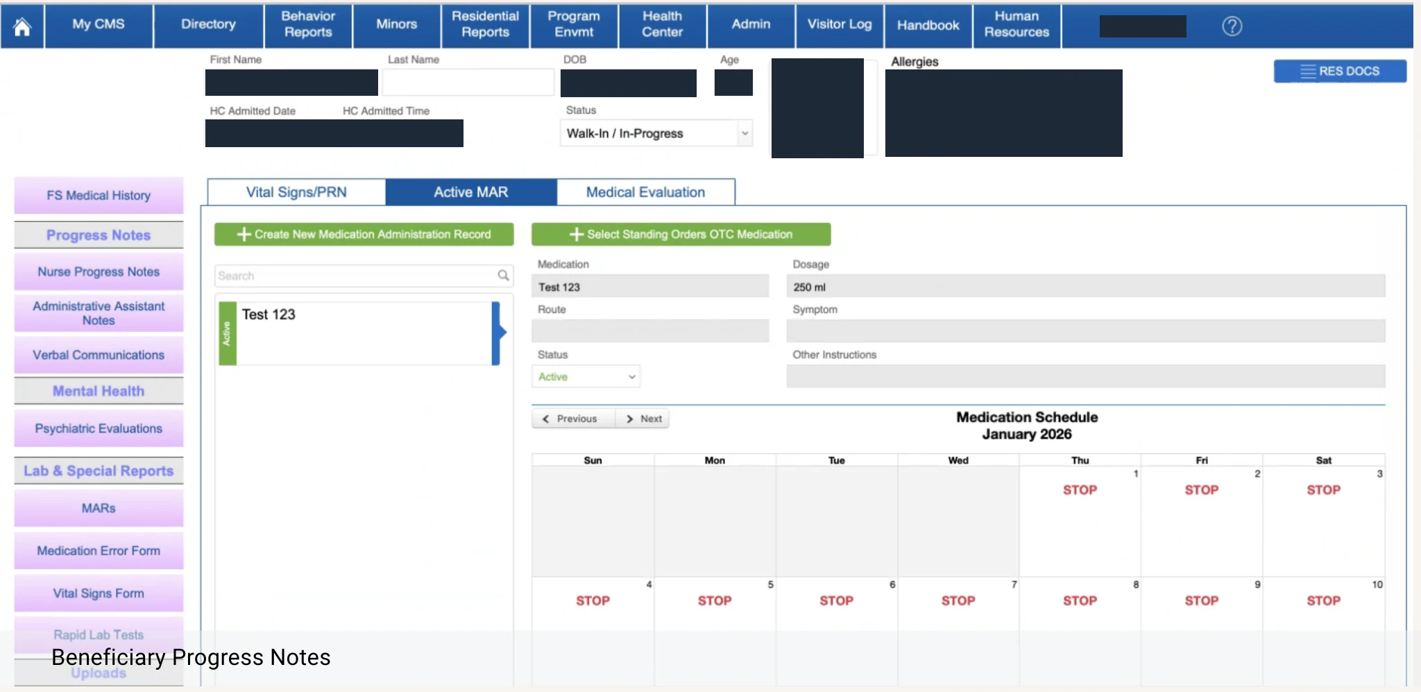 Beneficiary progress notes screen on the Active MAR tab, with a medication list, medication details and a monthly medication schedule calendar; the beneficiary’s name, date of birth, admission details, photo and allergy information are redacted