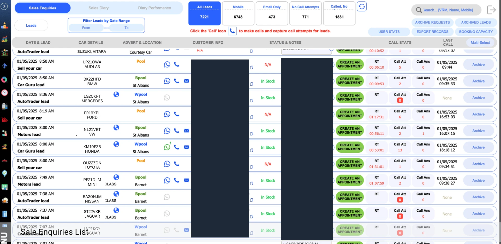 Car Planet sale enquiries list with lead sources, vehicle details and call statistics; customer details are redacted