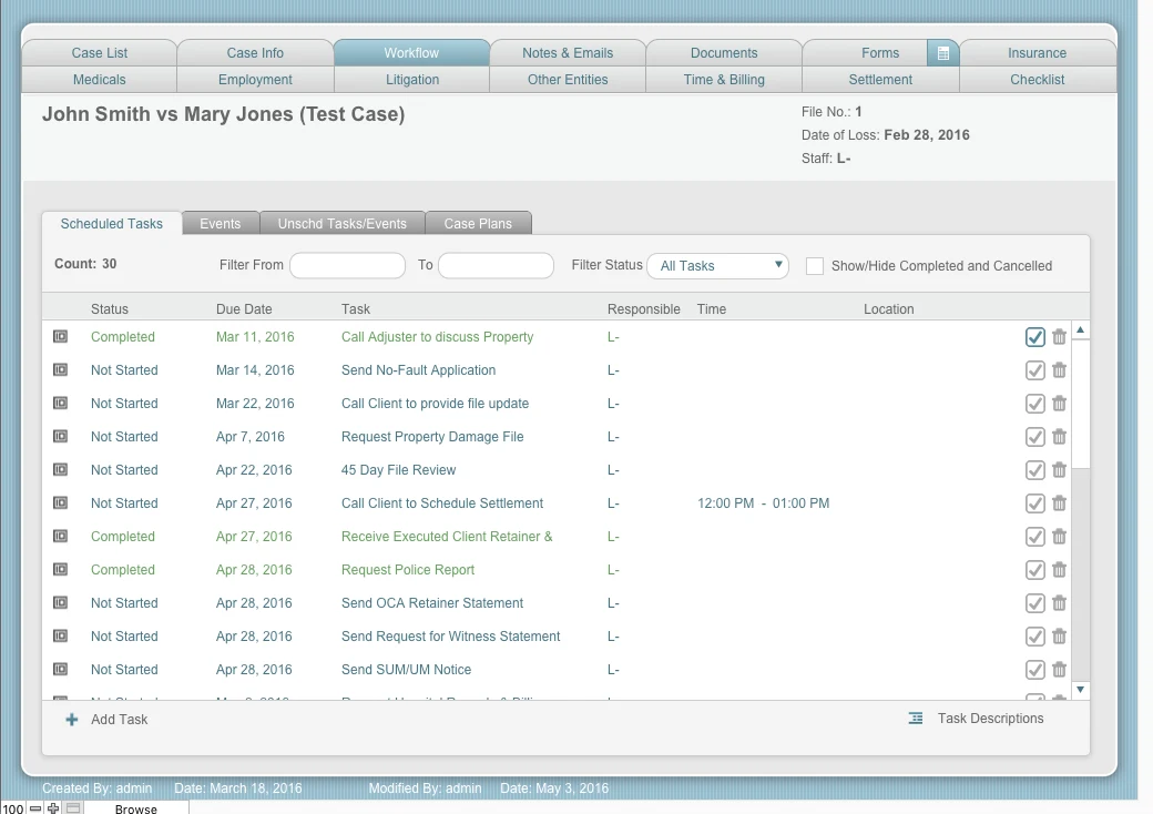 LawAlign Workflow tab for a case, listing scheduled tasks with status, due date, task name, responsible person, time and location, plus filters for date range and status and an add-task control