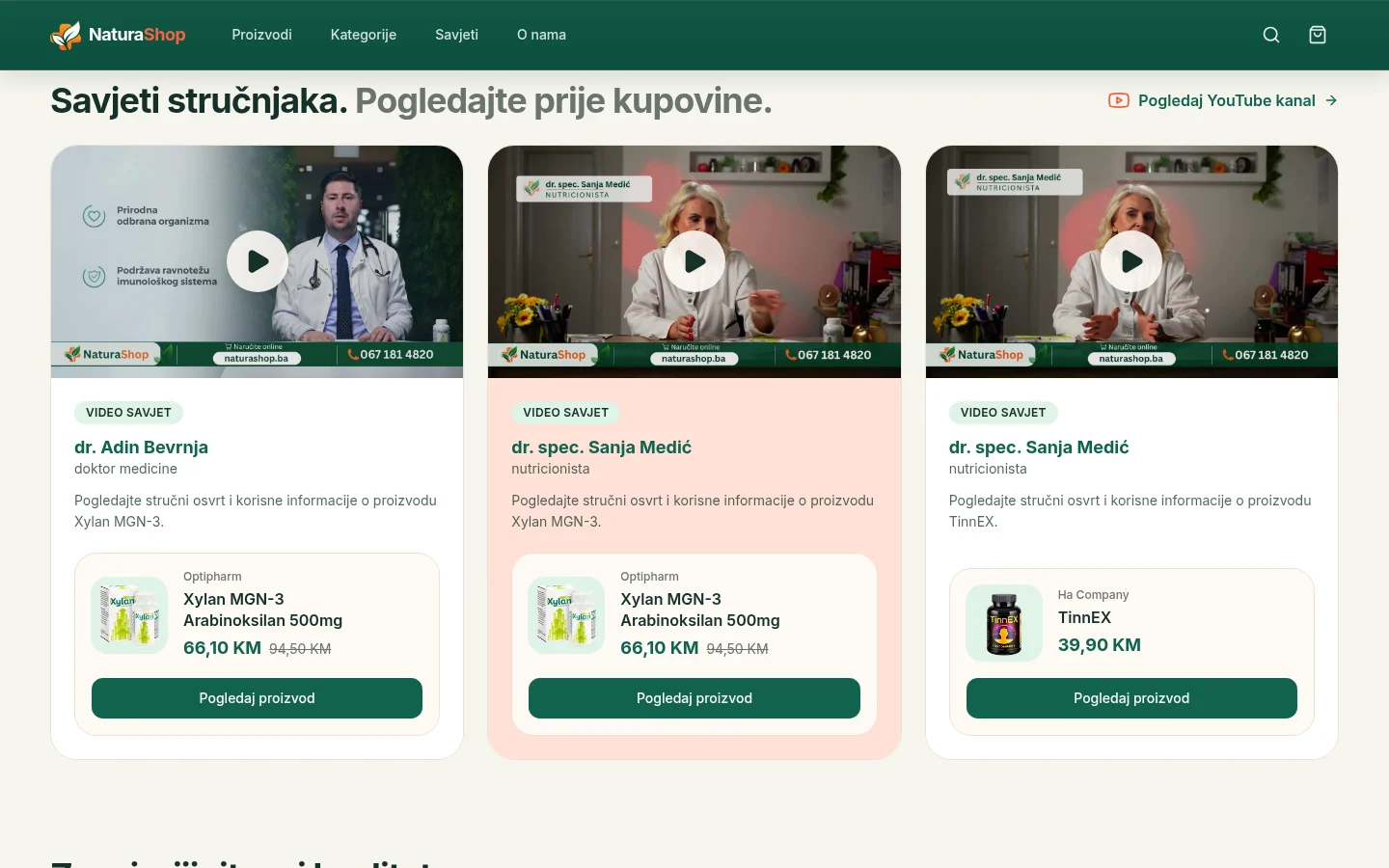 NaturaShop section titled expert advice with three video cards, each with a play button, a presenter described as a doctor of medicine or a nutritionist, and the linked product with its price