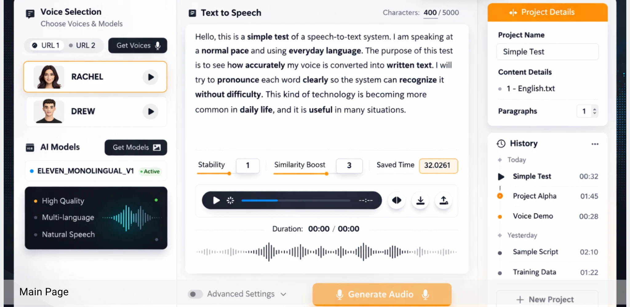 RadVoice main page with voice selection, a text-to-speech panel with an audio player, and project history