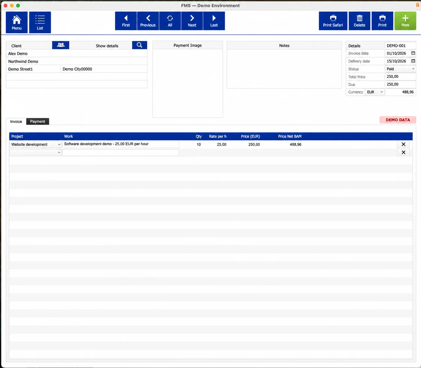 Invoice record in the original FileMaker system, with client details, invoice and delivery dates, status, totals, currency and one line item for a project at an hourly rate