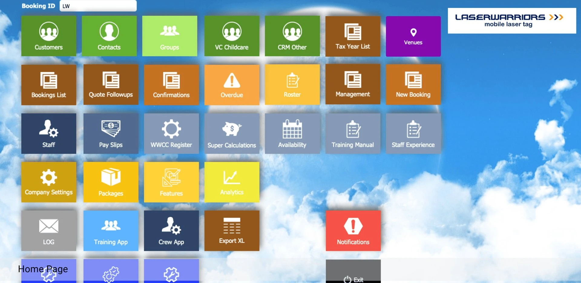 Laser Warriors event and workforce management system home menu