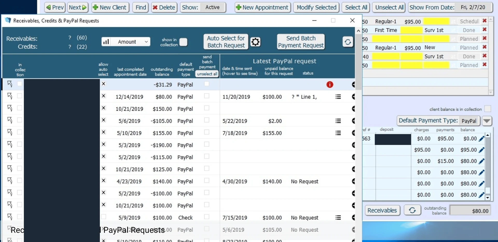 Value Maids receivables window listing outstanding balances, default payment type and the latest PayPal request with its date, unpaid balance and status; client names are redacted