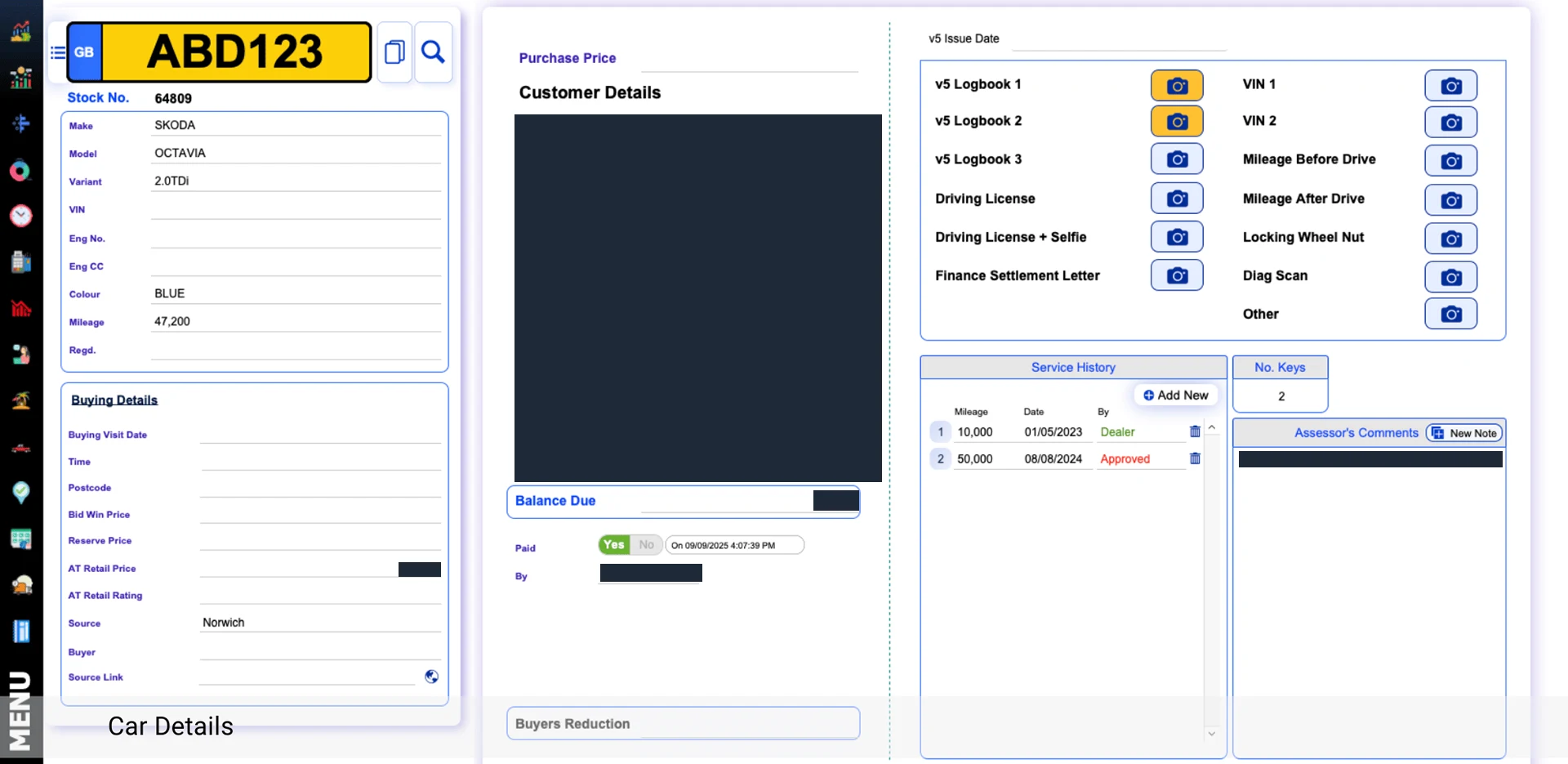Car details screen with a vehicle summary, a checklist of documents and checks each with a camera button, service history and keys; customer details, balances and assessor comments are redacted