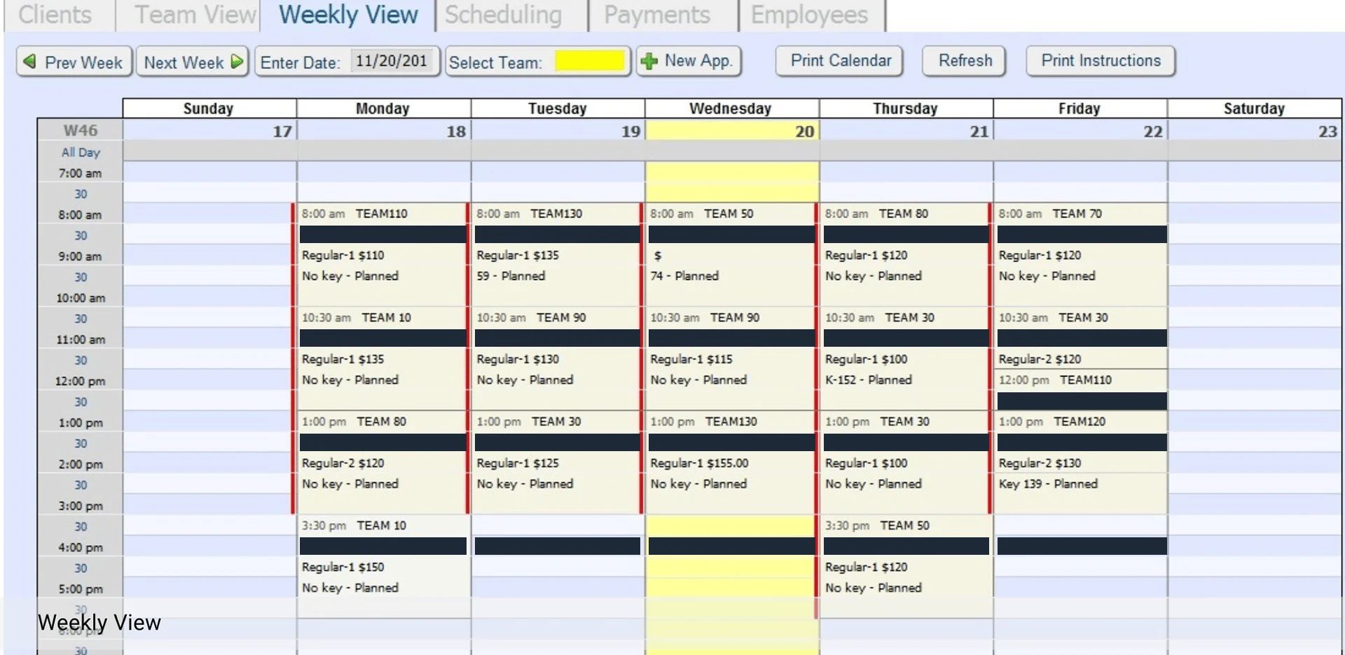 Value Maids weekly calendar from Monday to Friday with appointments grouped by team, time slot, service type and price; client names are redacted