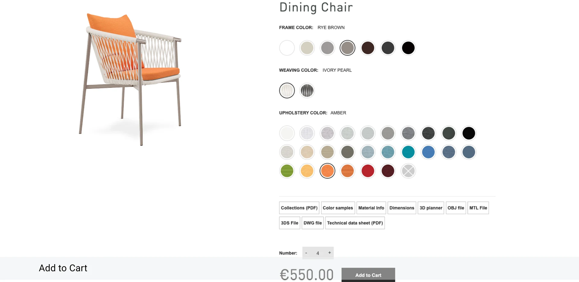 Dining chair product page with frame, weaving and upholstery colour options, download buttons for collections, colour samples and 3D planner files, a quantity field, a price in euros and an Add to Cart button