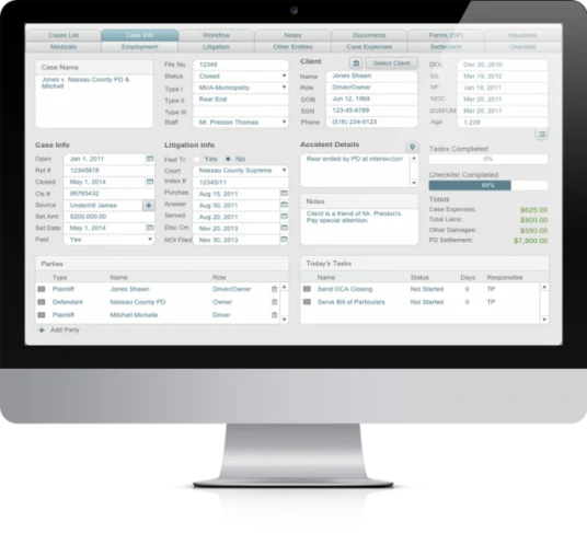 LawAlign Case Info tab on a desktop monitor, with fields for the case name, file number, status, client details, litigation dates, accident details, notes, task and checklist progress bars, case totals, a parties list and today’s tasks