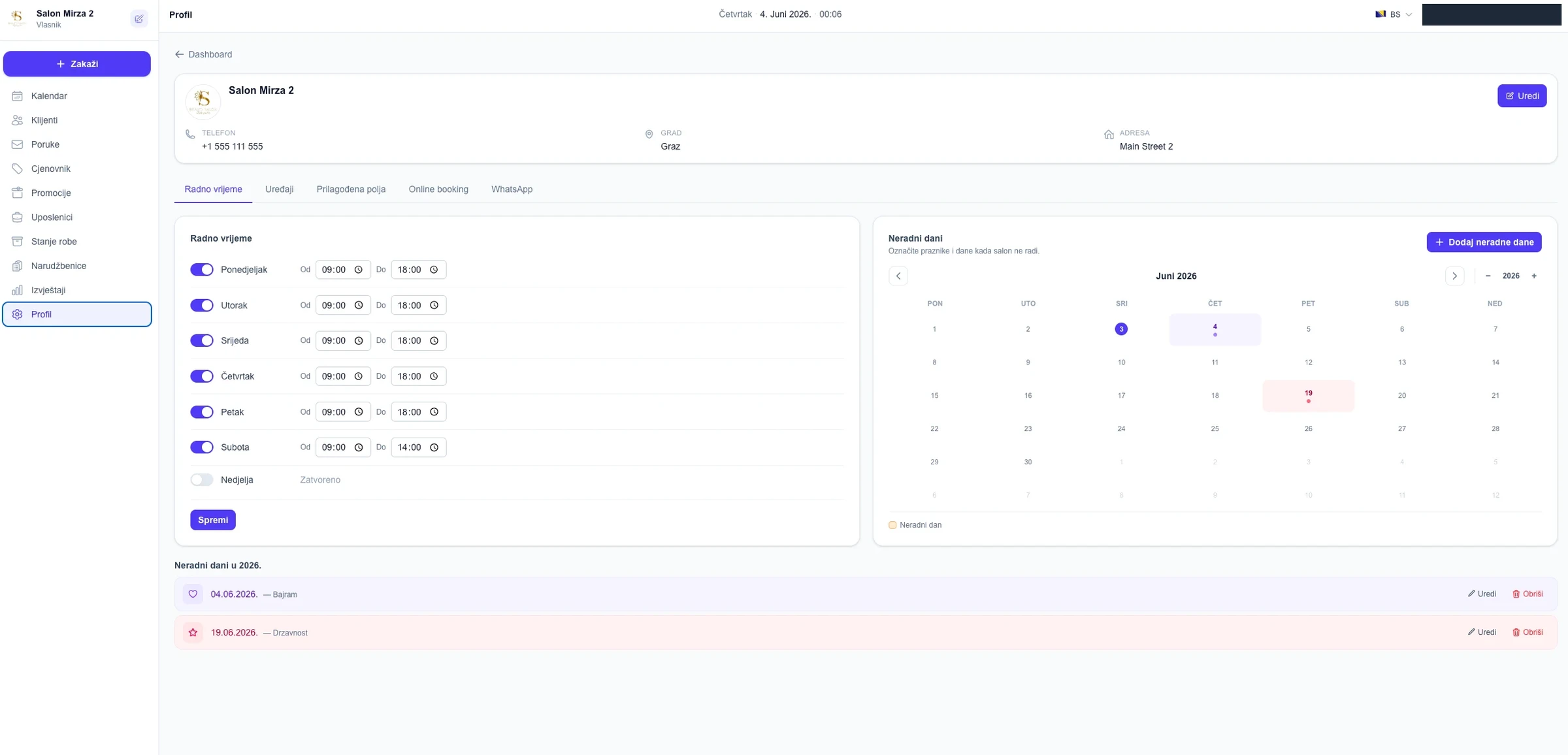 Salon management web application with a sidebar menu, working hours settings and a calendar of non-working days; the account email is redacted