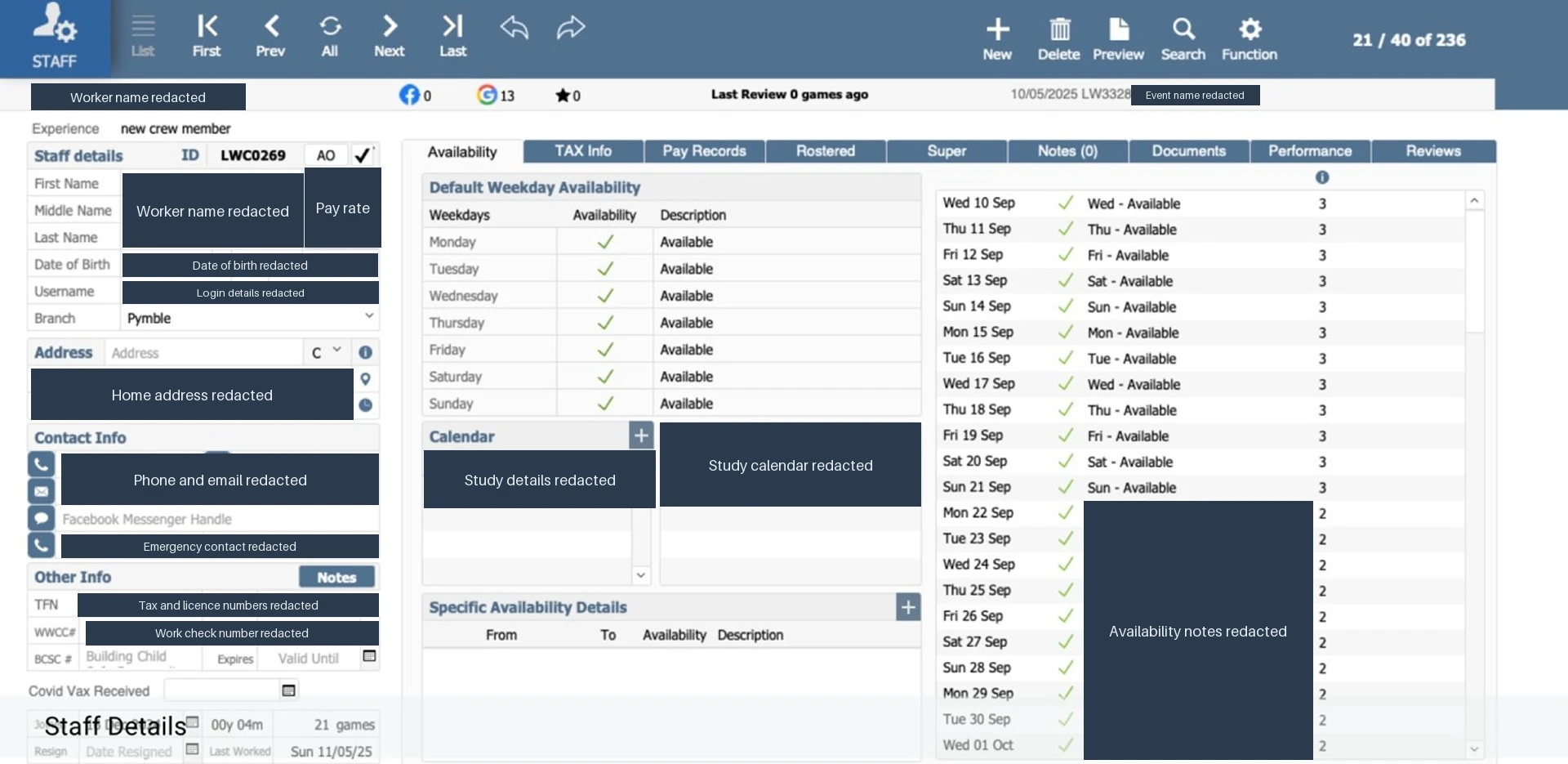 Laser Warriors crew member record with default weekday availability, a dated availability list and tabs for pay records, rostered work, documents, performance and reviews; personal, contact and pay details are redacted