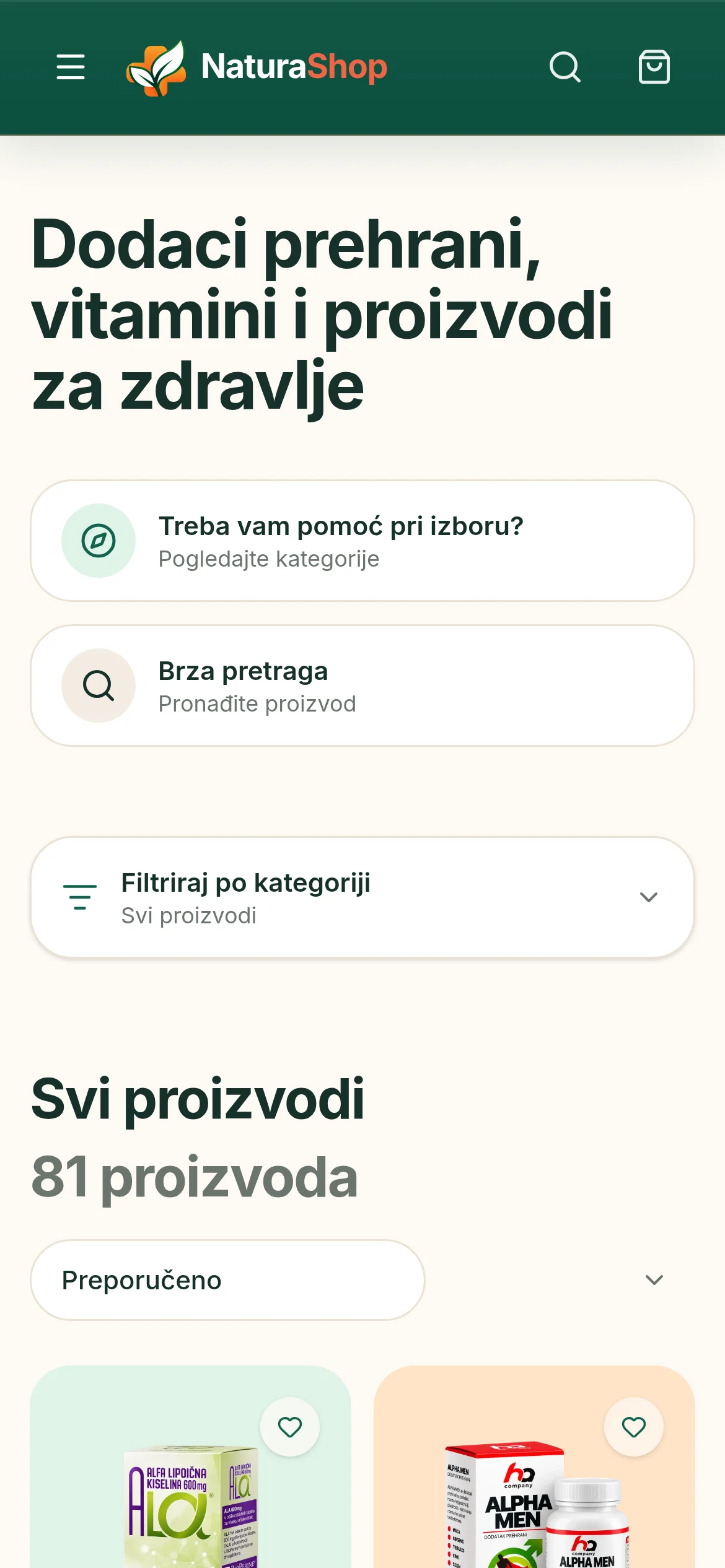 NaturaShop product listing on a phone, with help and quick-search shortcuts, a filter-by-category control, the product count and a sort control above the first product cards