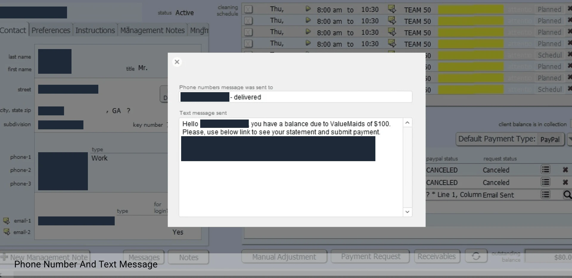 Value Maids dialog showing a delivered text message to a client about a balance due, over a client record; the client name, phone number, email, address and statement link are redacted