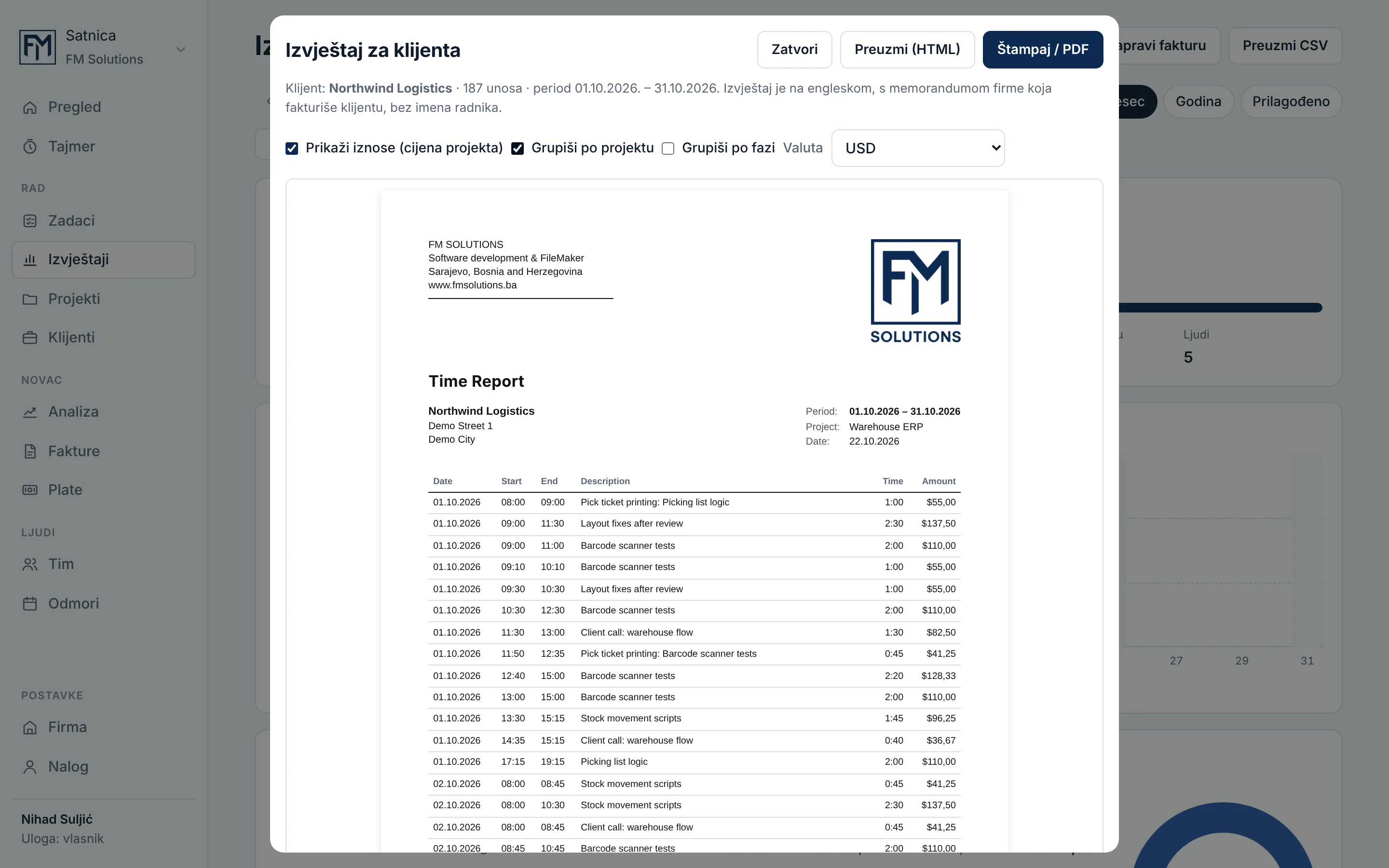 Satnica client report dialog with options to show amounts, group by project or phase and choose a currency, above a branded time report with the FM Solutions logo, entries and amounts, and buttons to close, download HTML and print or save as PDF
