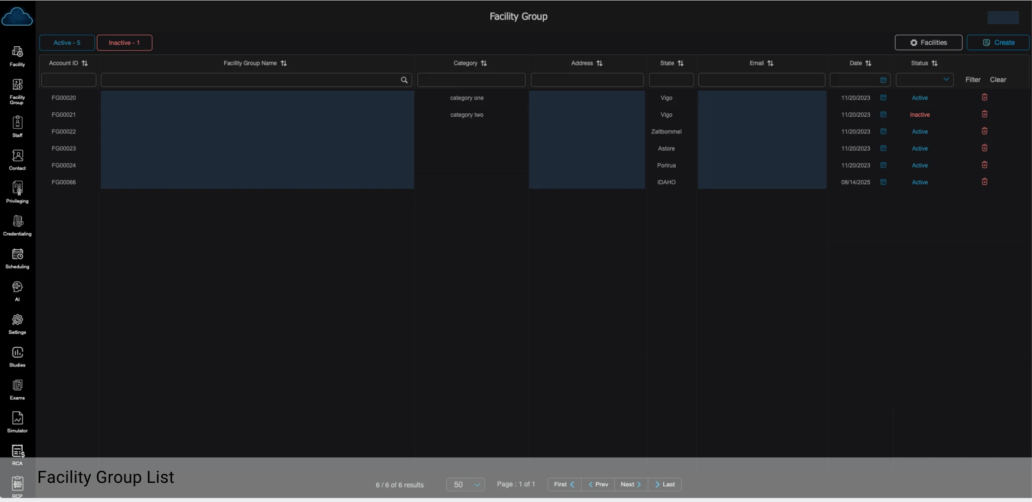 Facility group list on a dark theme with columns for account ID, name, category, address, state, email, date and status; the names, addresses and email addresses are redacted