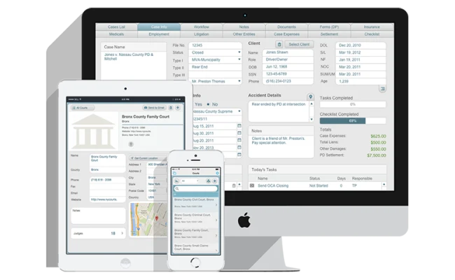 LawAlign shown on an iMac, an iPad and an iPhone; the desktop shows the Case Info tab, and the tablet and phone show the record for a family court in the Courts directory