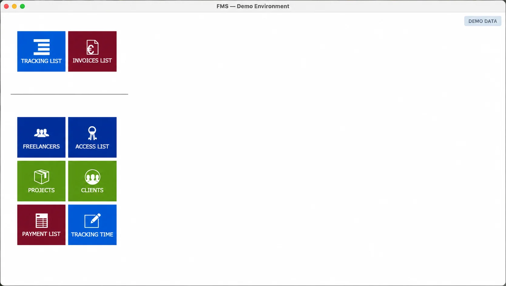 Main menu of the original FileMaker system, with tiles for Tracking list, Invoices list, Freelancers, Access list, Projects, Clients, Payment list and Tracking time