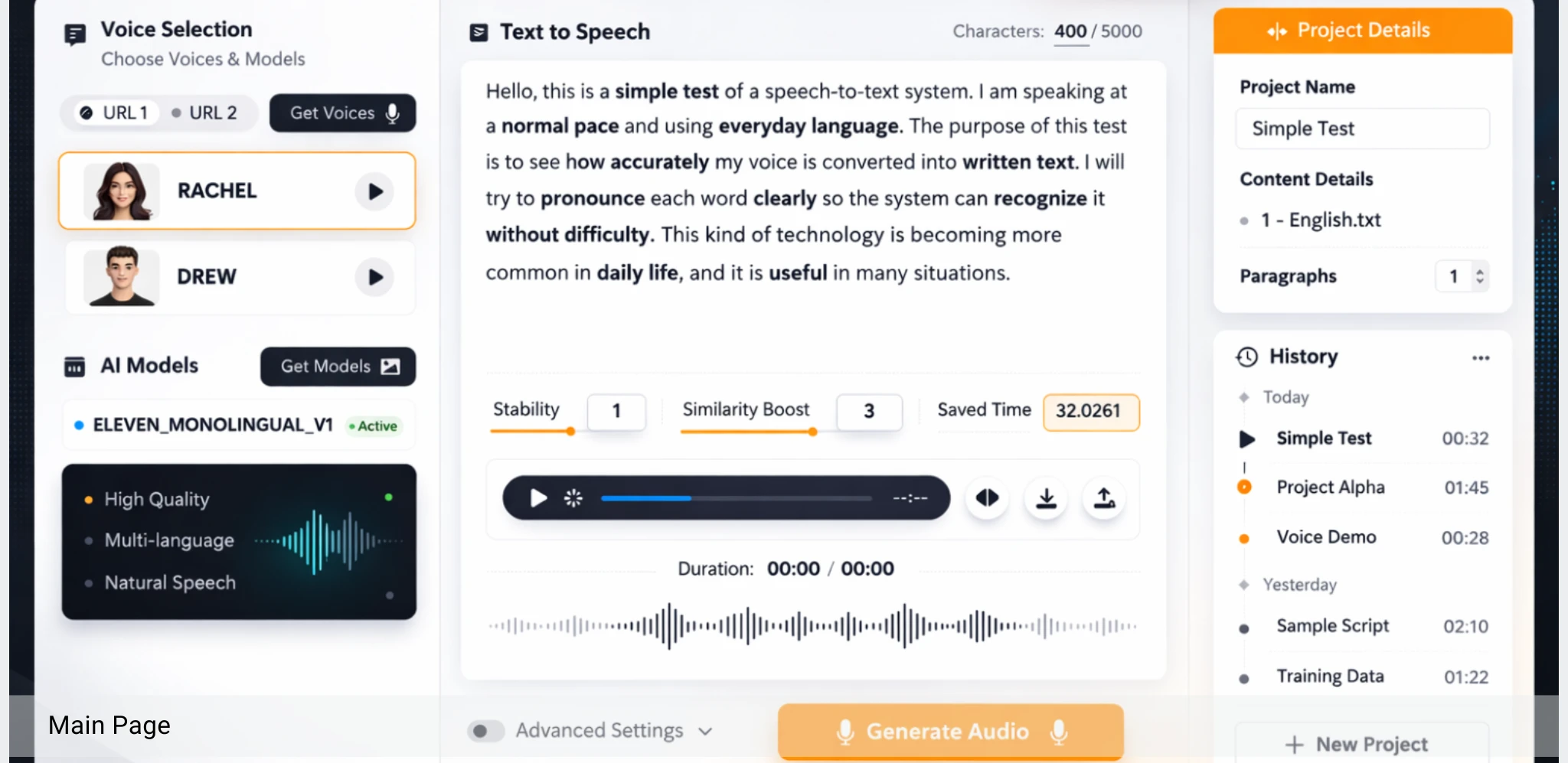 RadVoice text-to-speech screen with voice selection, a text editor, audio player and project history