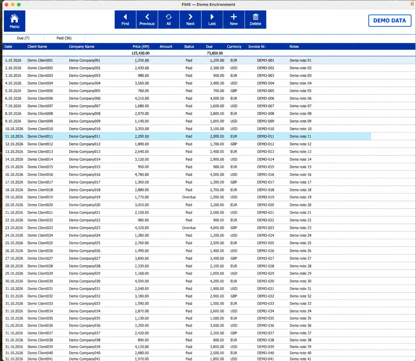 Invoice list in the original FileMaker system, with Due and Paid tabs and columns for date, client, company, price, status, amount due, currency and invoice number