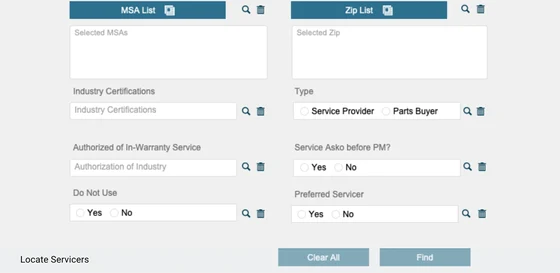 Search form for servicers with fields for selected MSAs, zip codes, industry certifications, type, authorization for in-warranty service, preferred servicer and do-not-use, and Clear All and Find buttons