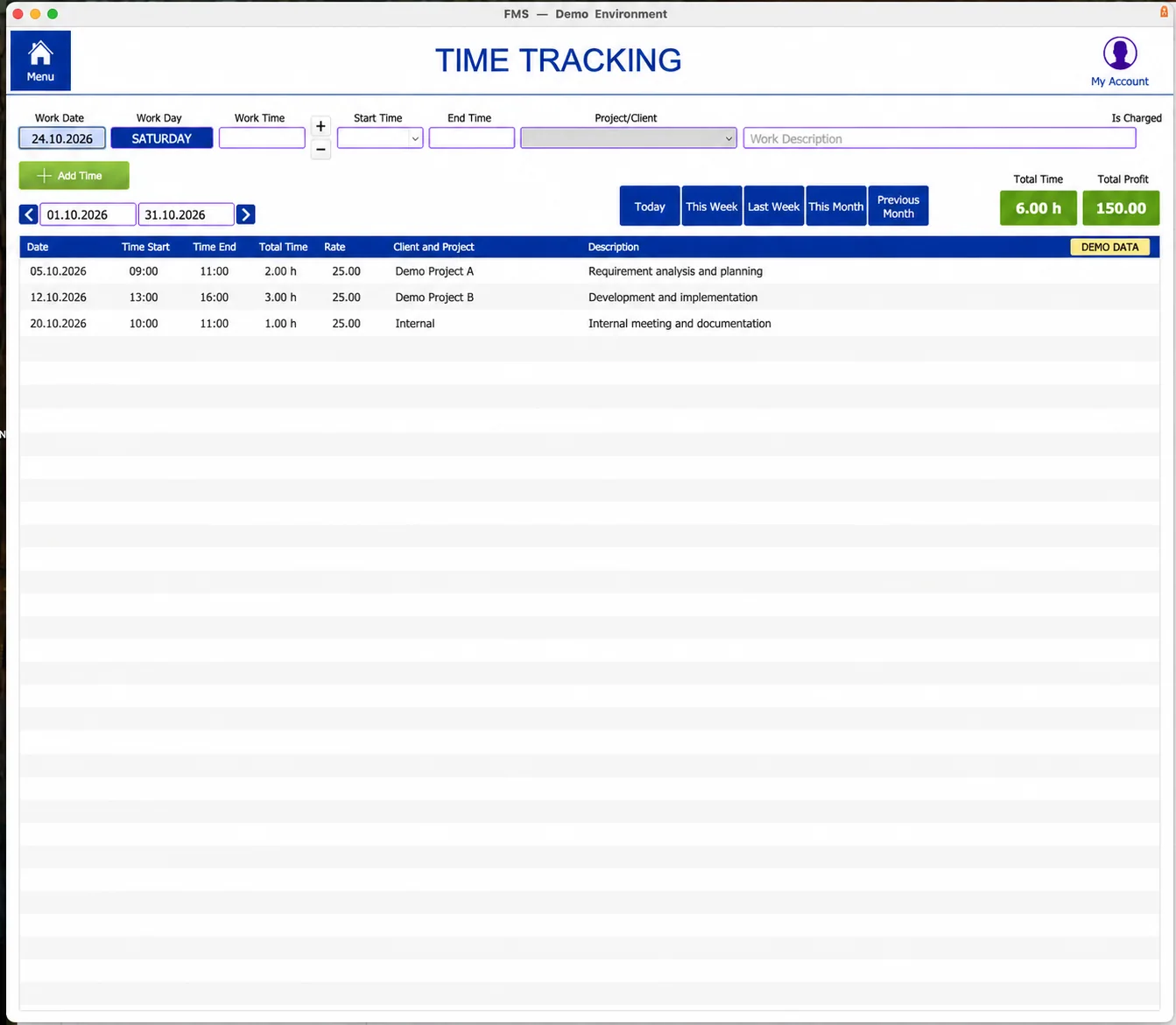 Time tracking screen in the original FileMaker system, with fields for work date, start and end time, project and client and a work description, an Add Time button, and a list of recorded entries with total time and profit