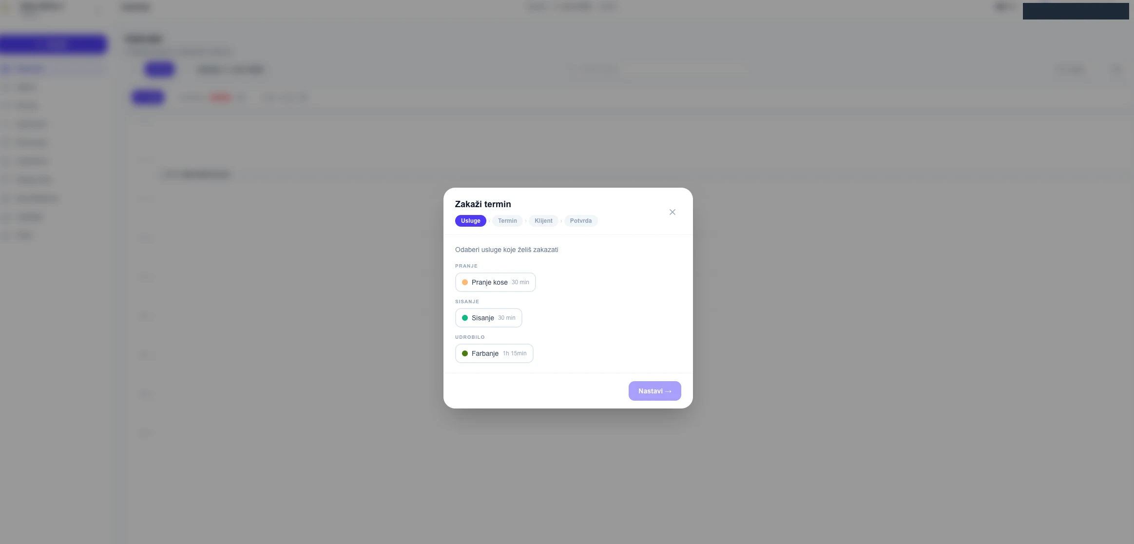 Booking dialog with four steps, services, time, client and confirmation, and a list of services grouped by category with their durations, over a blurred calendar
