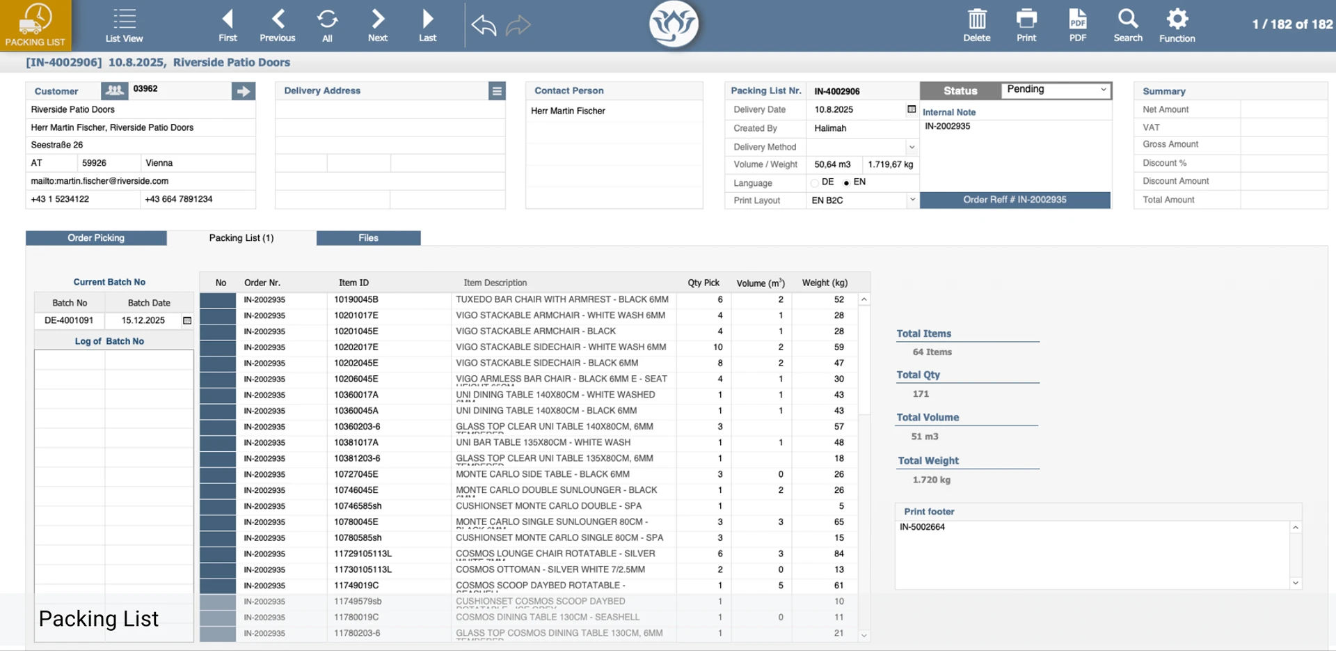 BLOOM packing list with order picking, item volumes and weights