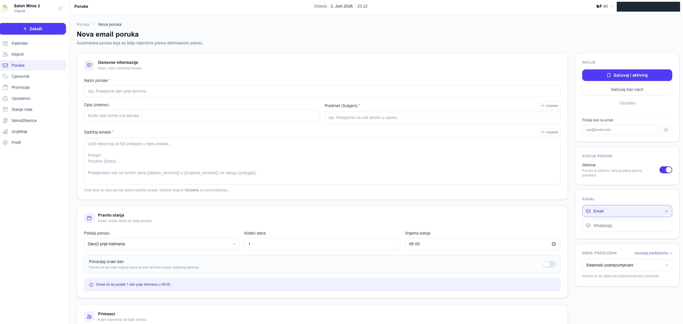 Form for a new email message with fields for a name, an internal description, a subject and the email content, action buttons for saving, and a panel with the message status; the account email is redacted