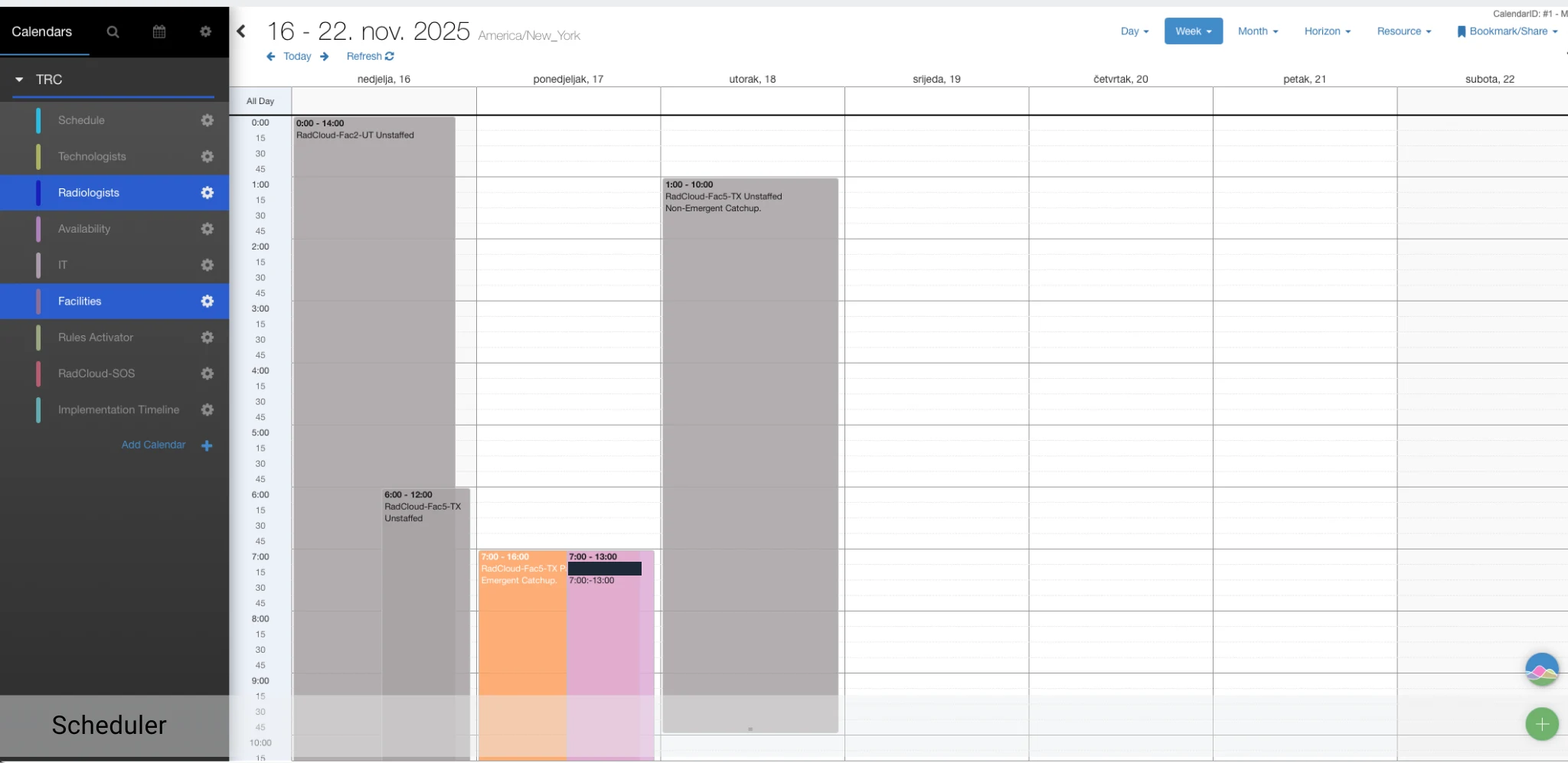 Week view of the scheduling module with a calendar list on the left and facility coverage blocks, some marked unstaffed; a radiologist name in one block is redacted