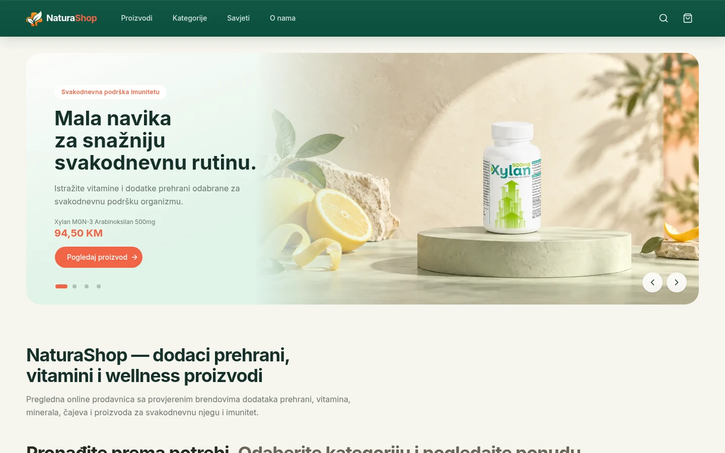 NaturaShop home page with a hero banner for a dietary supplement