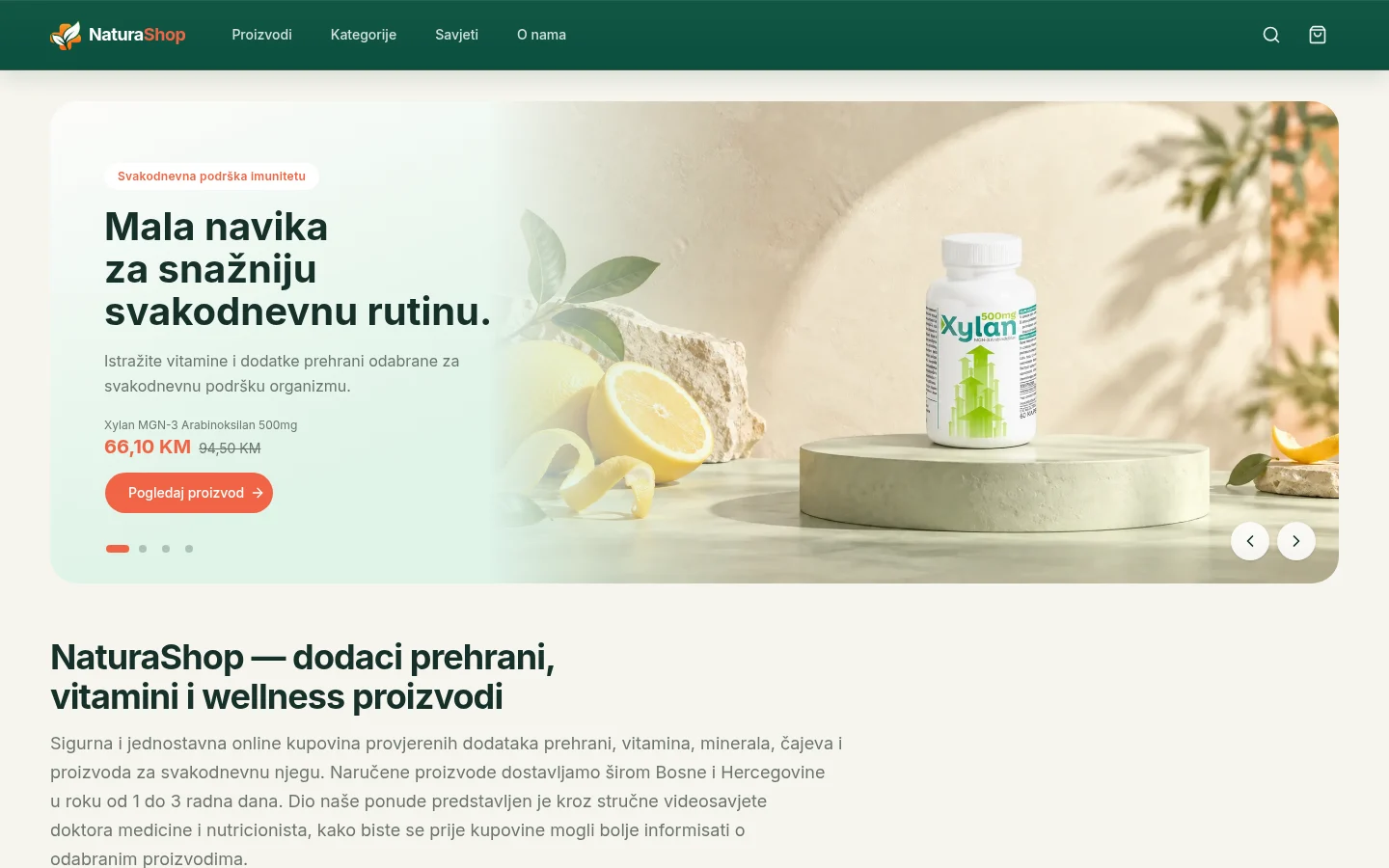 NaturaShop home page with a rotating hero banner for a dietary supplement, its discounted price and a button to view the product, above an introduction to the store