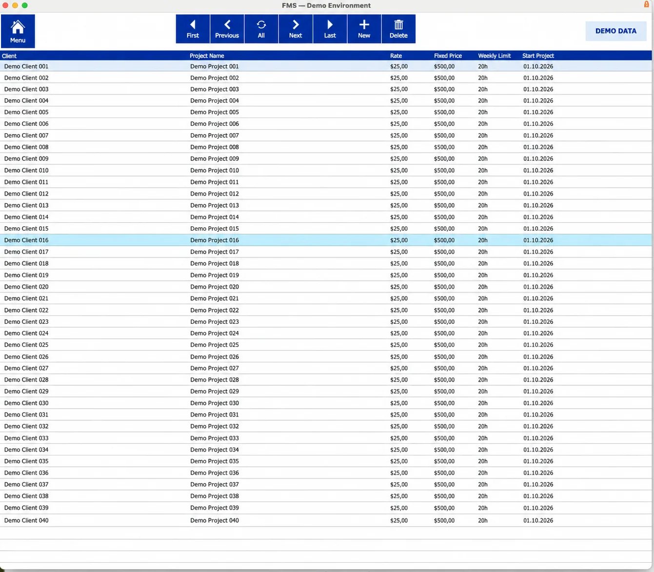 Project list in the original FileMaker system, with columns for client, project name, rate, fixed price, weekly limit and project start date