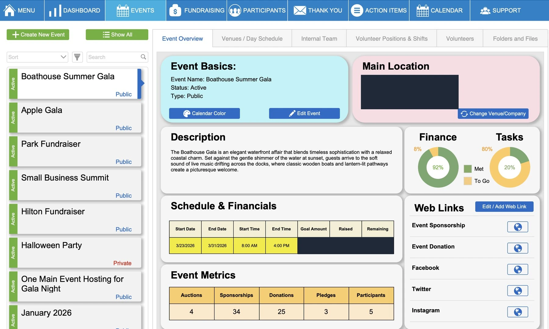 HelpOne event overview screen with an event list, event basics, a description, finance and task progress charts, a schedule table, event metrics and web links; venue address details and financial amounts are redacted