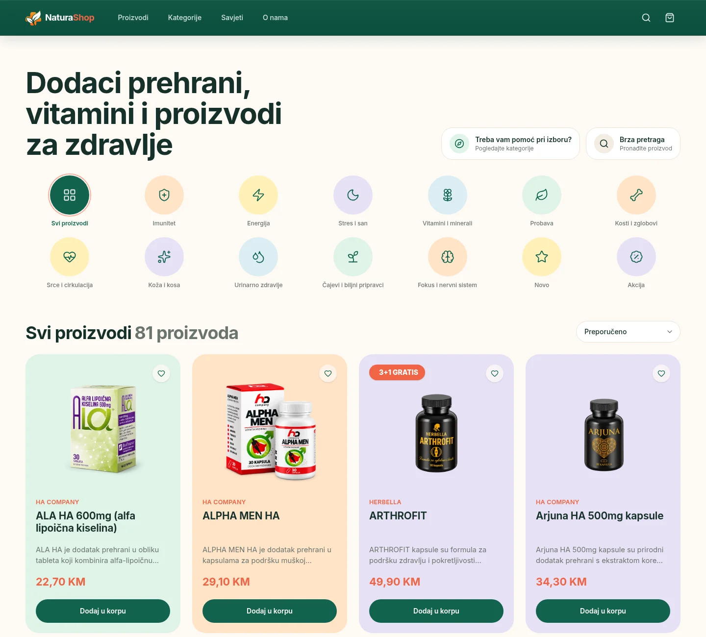 NaturaShop product listing with round category icons such as Immunity, Energy, Stress and sleep, and Vitamins and minerals, above a grid of product cards with prices and add-to-cart buttons