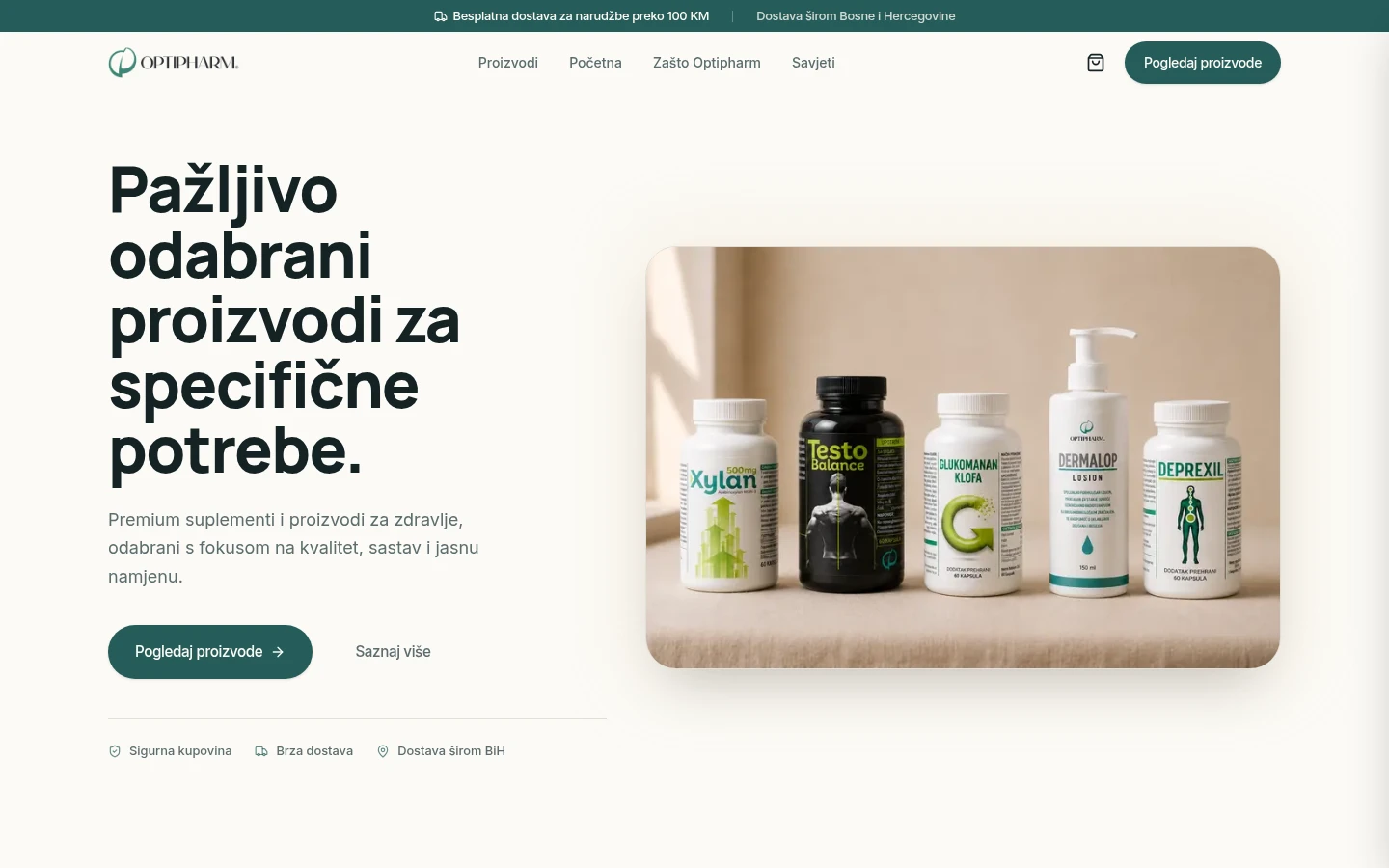 Optipharm home page showing a row of supplement and skincare products