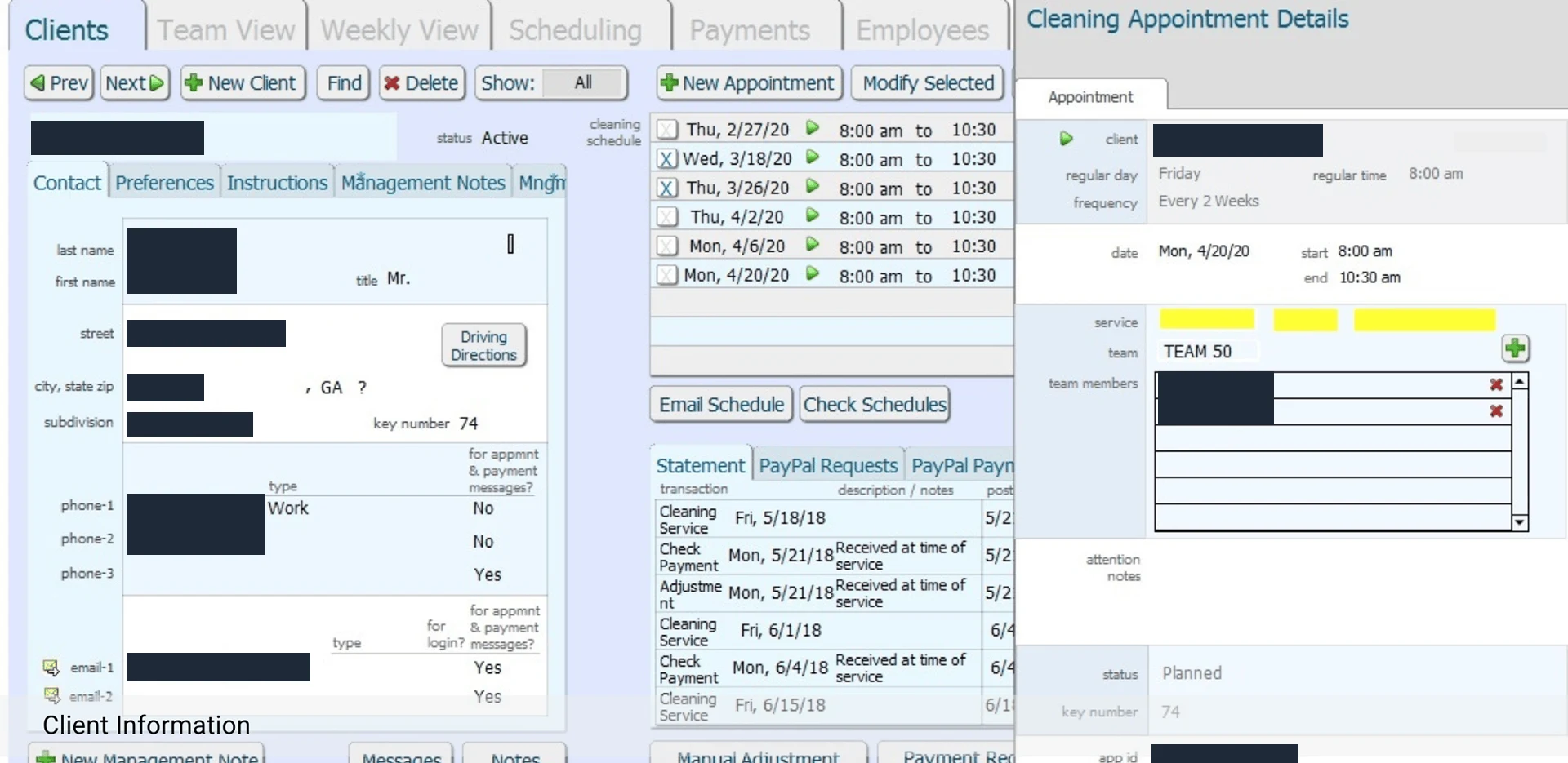 Value Maids client record with contact, preferences and instruction tabs, a list of dated cleaning appointments, a client statement and a cleaning appointment details panel showing team and team members; client, address, phone, email and team member details are redacted