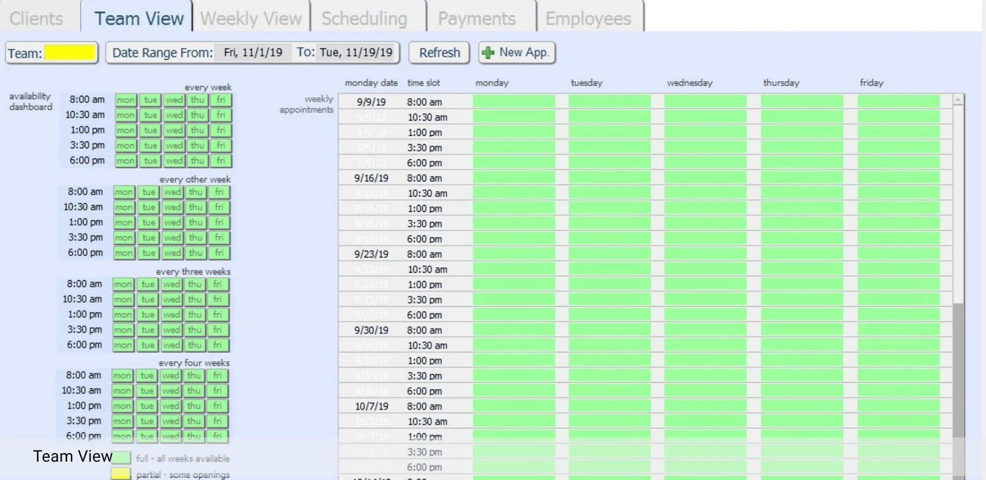 Value Maids team view with an availability dashboard for every week, every other week, every three weeks and every four weeks, beside a list of weekly appointment slots by day