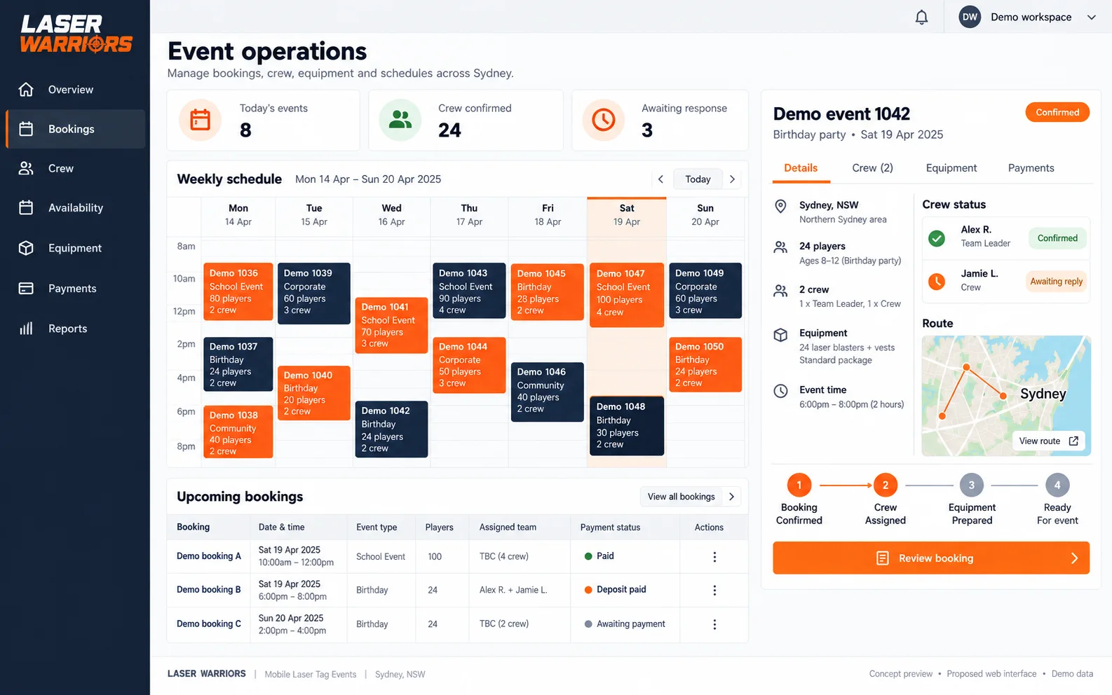 Proposed web concept for Laser Warriors: an event operations view with a weekly schedule, upcoming bookings and crew status