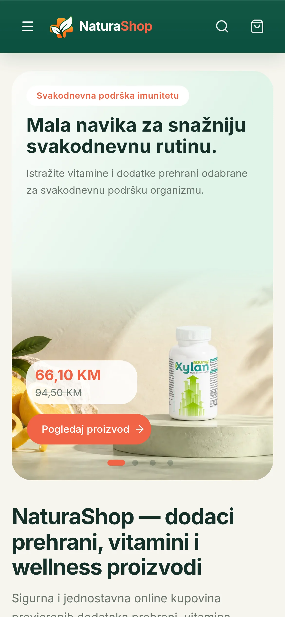 NaturaShop home page on a phone, with a menu button, logo, search and cart icons, and a hero banner for a dietary supplement with its price and a view-product button