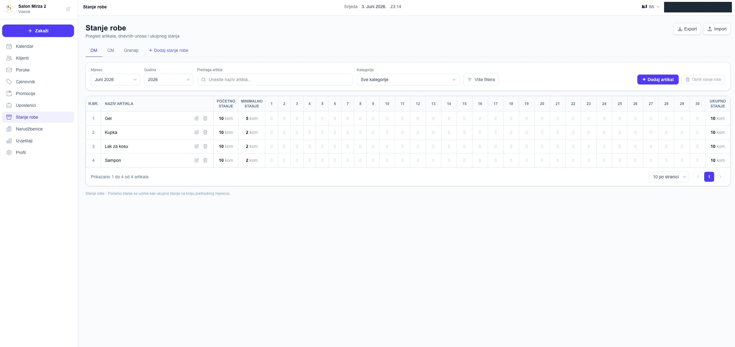 Monthly stock sheet with sheet tabs, month, year, article search and category filters and a table with article name, starting stock, minimum stock, a column for each day of the month and the total stock