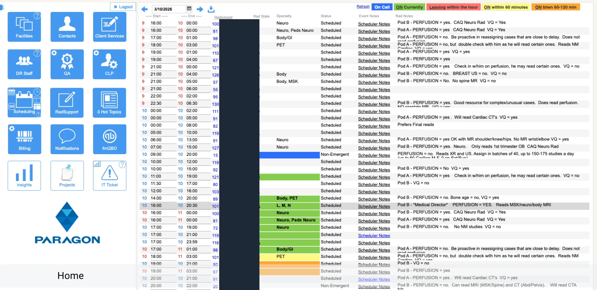 Paragon platform home screen with module tiles such as Facilities, Scheduling and Billing beside a schedule list with the names redacted