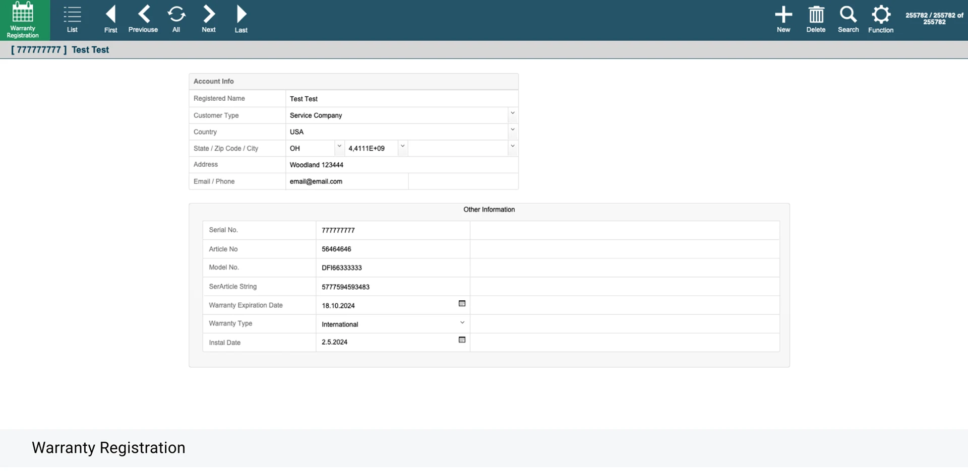 Warranty registration record with account information and other information such as serial number, article number, model number, expiration date, warranty type and install date, filled with placeholder values